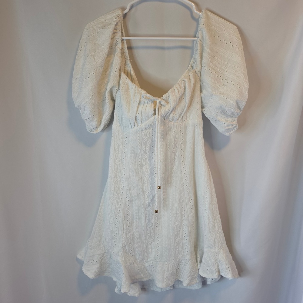 Angel Biba Eyelet Mini Dress S White Cottagecore Cutout Puff Sleeve Boho